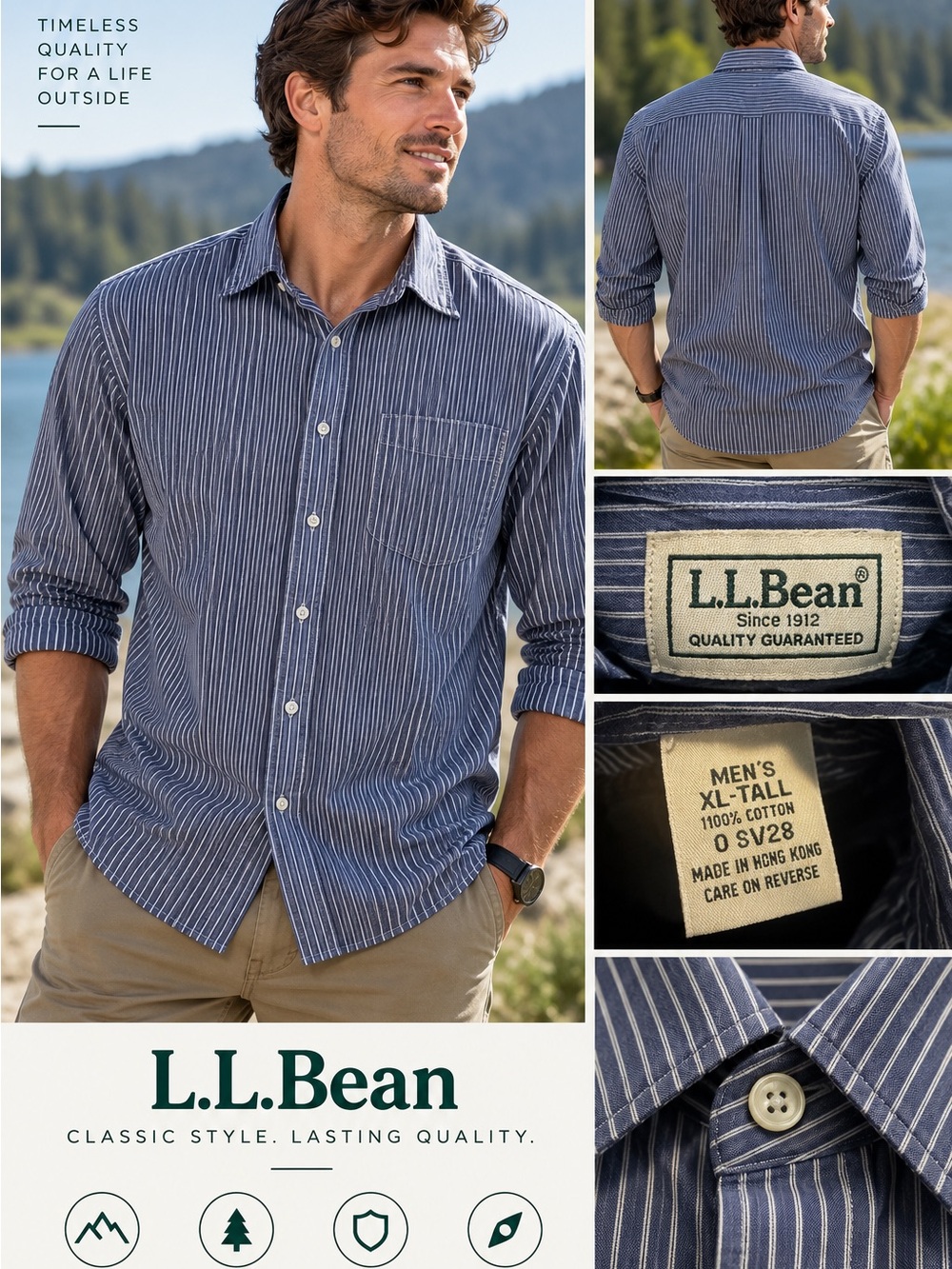 L.L. Bean Men's Navy and White Pinstripe Button-Down Shirt